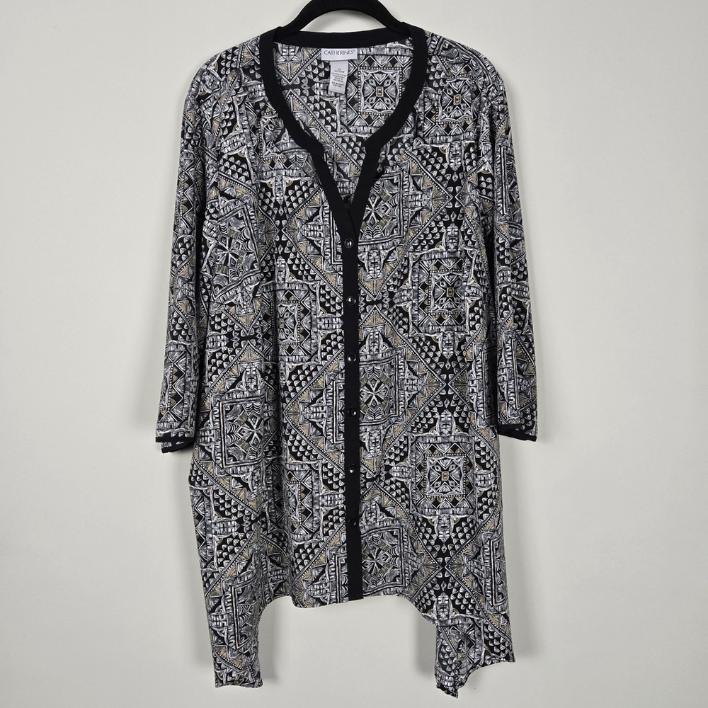 Catherines Womens Artsy 3/4 Sleeve Button Up Tunic Top 2x Black Cutout Flowy
